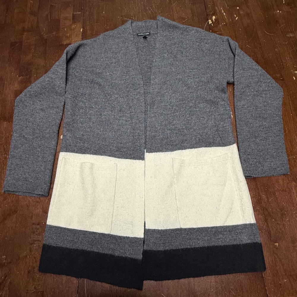 Eileen Fisher Cardigan Sweater Womens XS Grey Colorblock Merino Wool Open Front